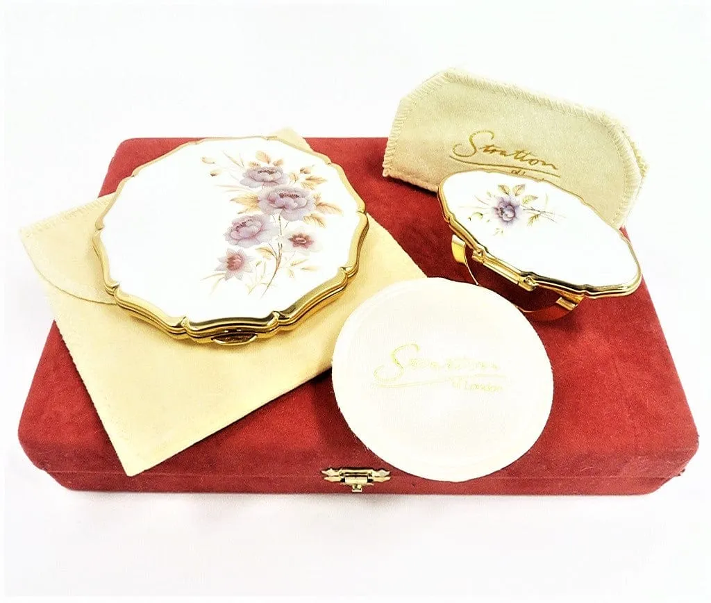 Unused Cased Vintage Stratton Compact And Lipstick Mirror Set 1990s White Enamel Purple Flowers