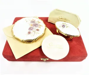 Unused Cased Vintage Stratton Compact And Lipstick Mirror Set 1990s White Enamel Purple Flowers