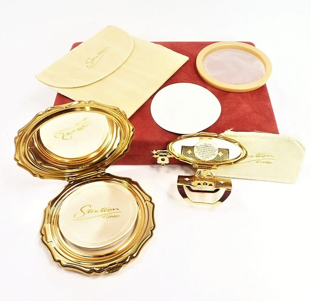 Unused Cased Vintage Stratton Compact And Lipstick Mirror Set 1990s White Enamel Purple Flowers
