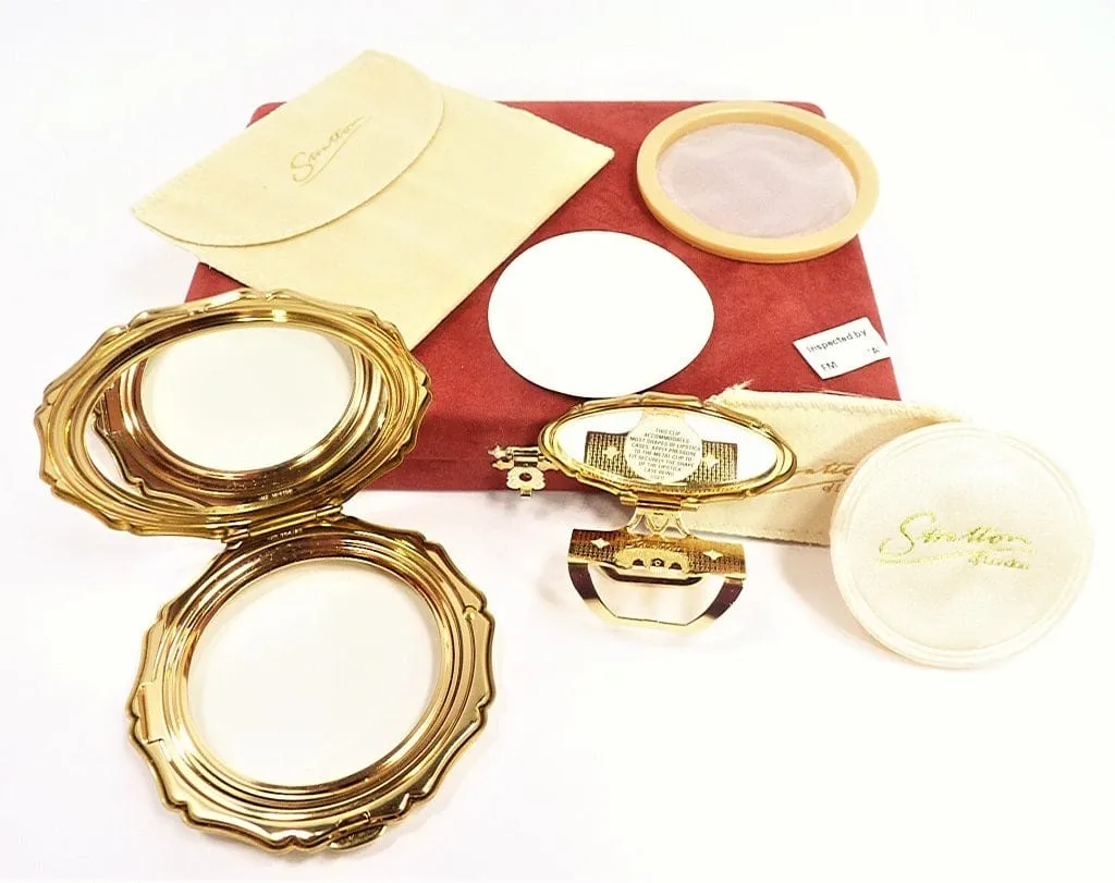 Unused Cased Vintage Stratton Compact And Lipstick Mirror Set 1990s White Enamel Purple Flowers