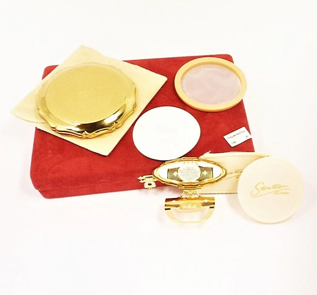 Unused Cased Vintage Stratton Compact And Lipstick Mirror Set 1990s White Enamel Purple Flowers