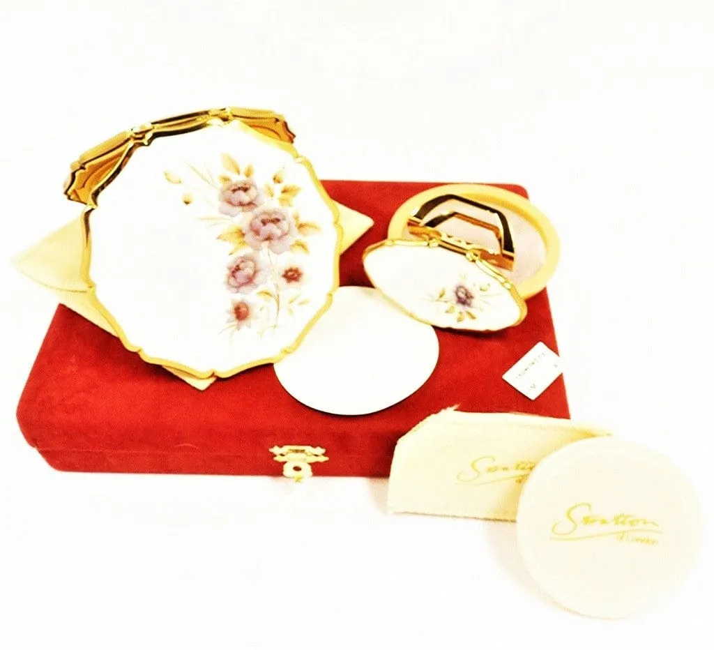 Unused Cased Vintage Stratton Compact And Lipstick Mirror Set 1990s White Enamel Purple Flowers