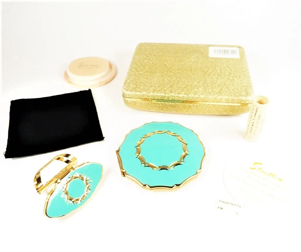 Unused Turquoise Enamel Stratton Lipstick Holder And Matching Compact Mirror 1970s