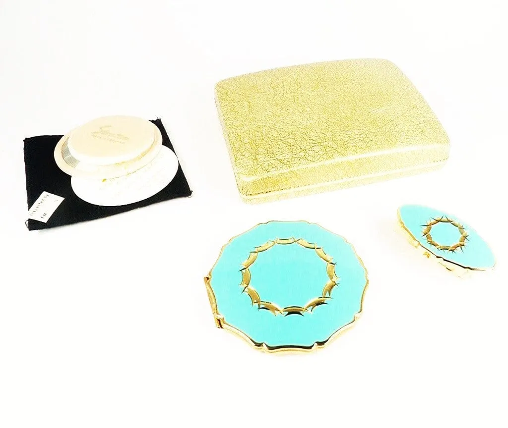 Unused Turquoise Enamel Stratton Lipstick Holder And Matching Compact Mirror 1970s