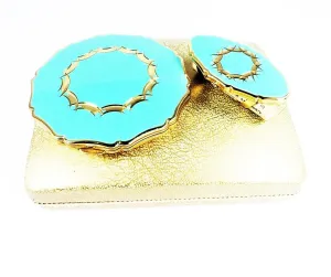 Unused Turquoise Enamel Stratton Lipstick Holder And Matching Compact Mirror 1970s