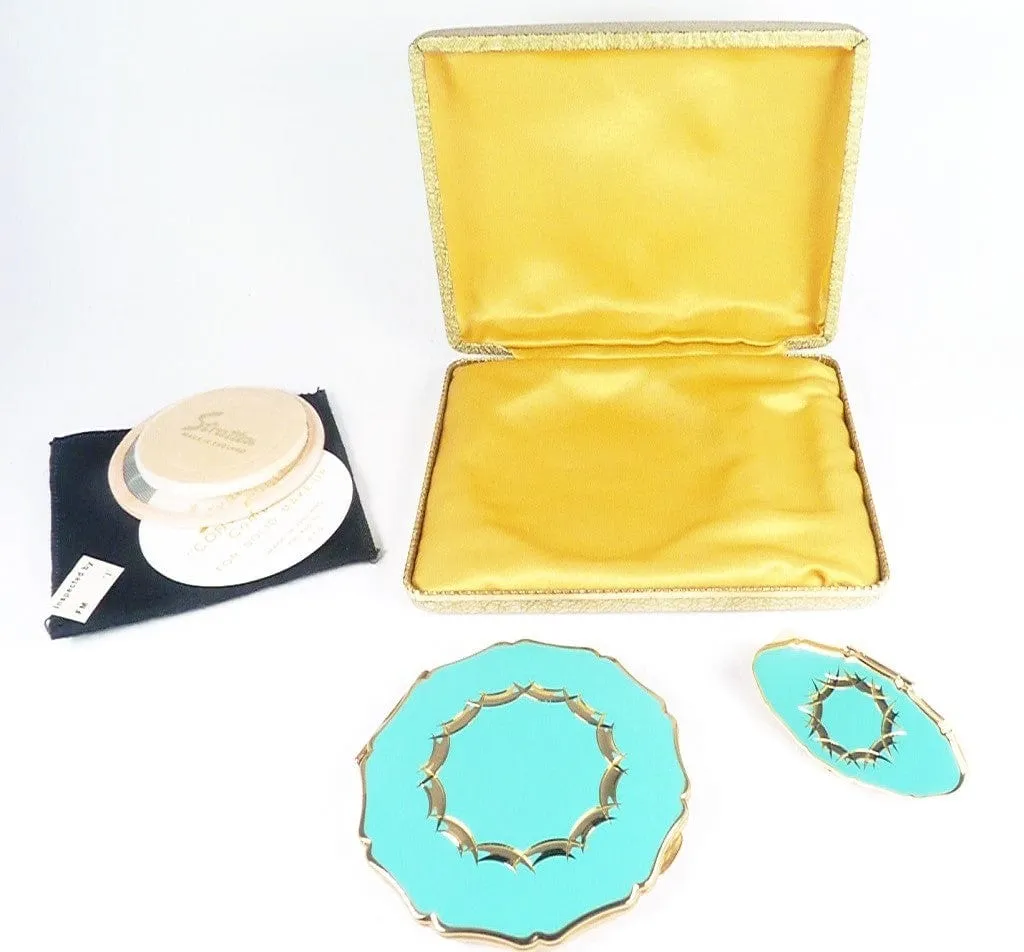 Unused Turquoise Enamel Stratton Lipstick Holder And Matching Compact Mirror 1970s