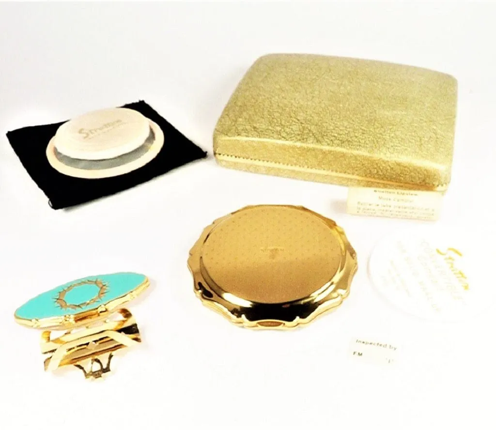 Unused Turquoise Enamel Stratton Lipstick Holder And Matching Compact Mirror 1970s