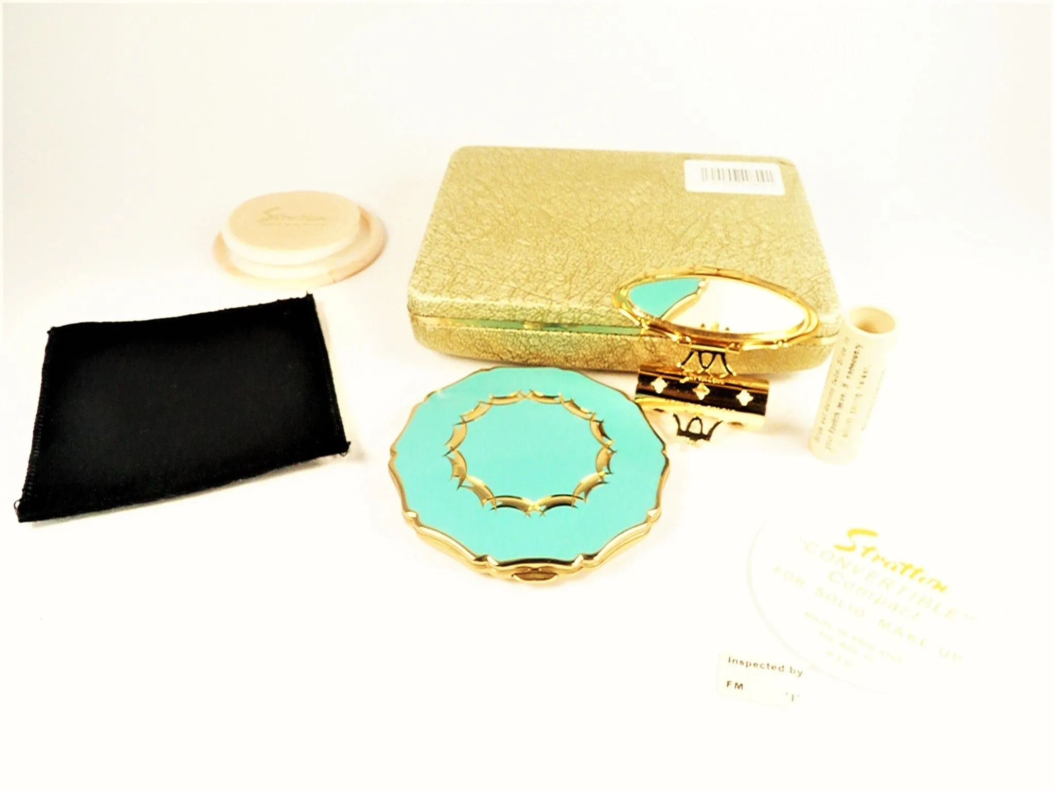 Unused Turquoise Enamel Stratton Lipstick Holder And Matching Compact Mirror 1970s