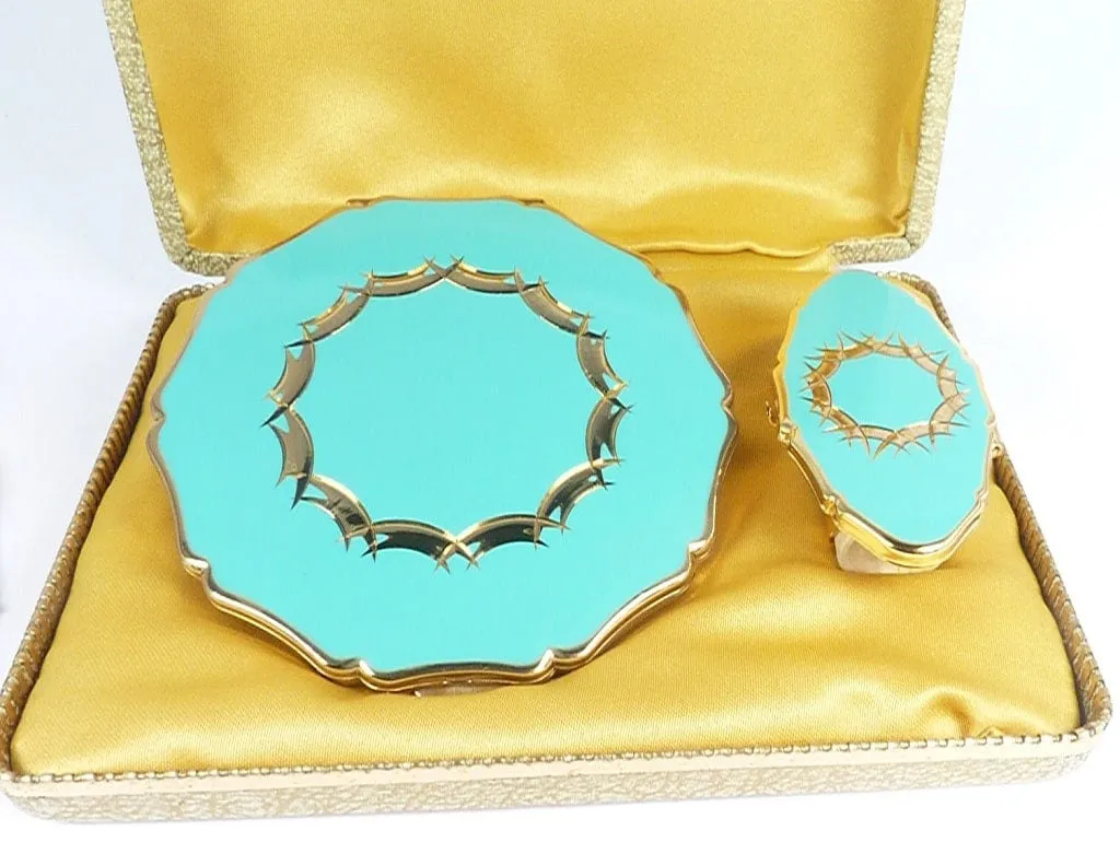 Unused Turquoise Enamel Stratton Lipstick Holder And Matching Compact Mirror 1970s