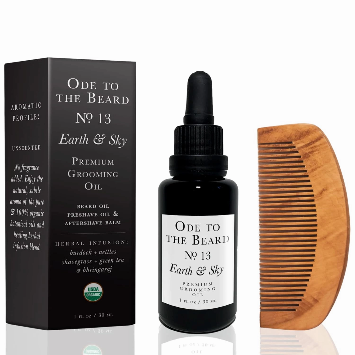 USDA Organic Earth and Sky Beard Oil   Beard Comb, 3-in-1 Premium Men Grooming Kit Beard Oil, Pre Shaving Oil & Aftershave Beard Balm For Beard Growth, Beard Conditioner, Unscented 1 fl oz