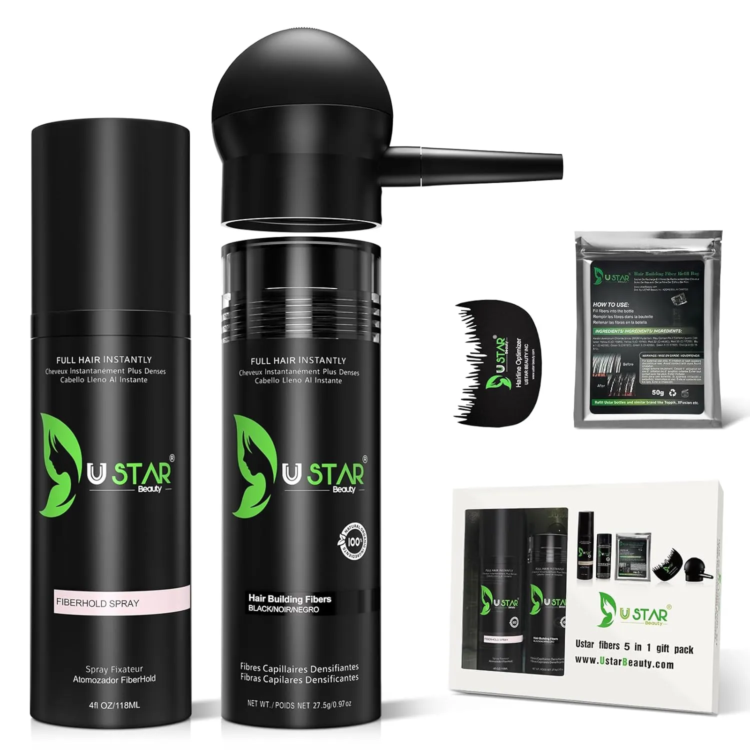 USTAR 5 in 1 Hair Building Fibers Set for Thinning Hair, Fiber Spray, Natural Filler Instantly Conceals Loss, Powder for Women & Men 27.5g (Black)