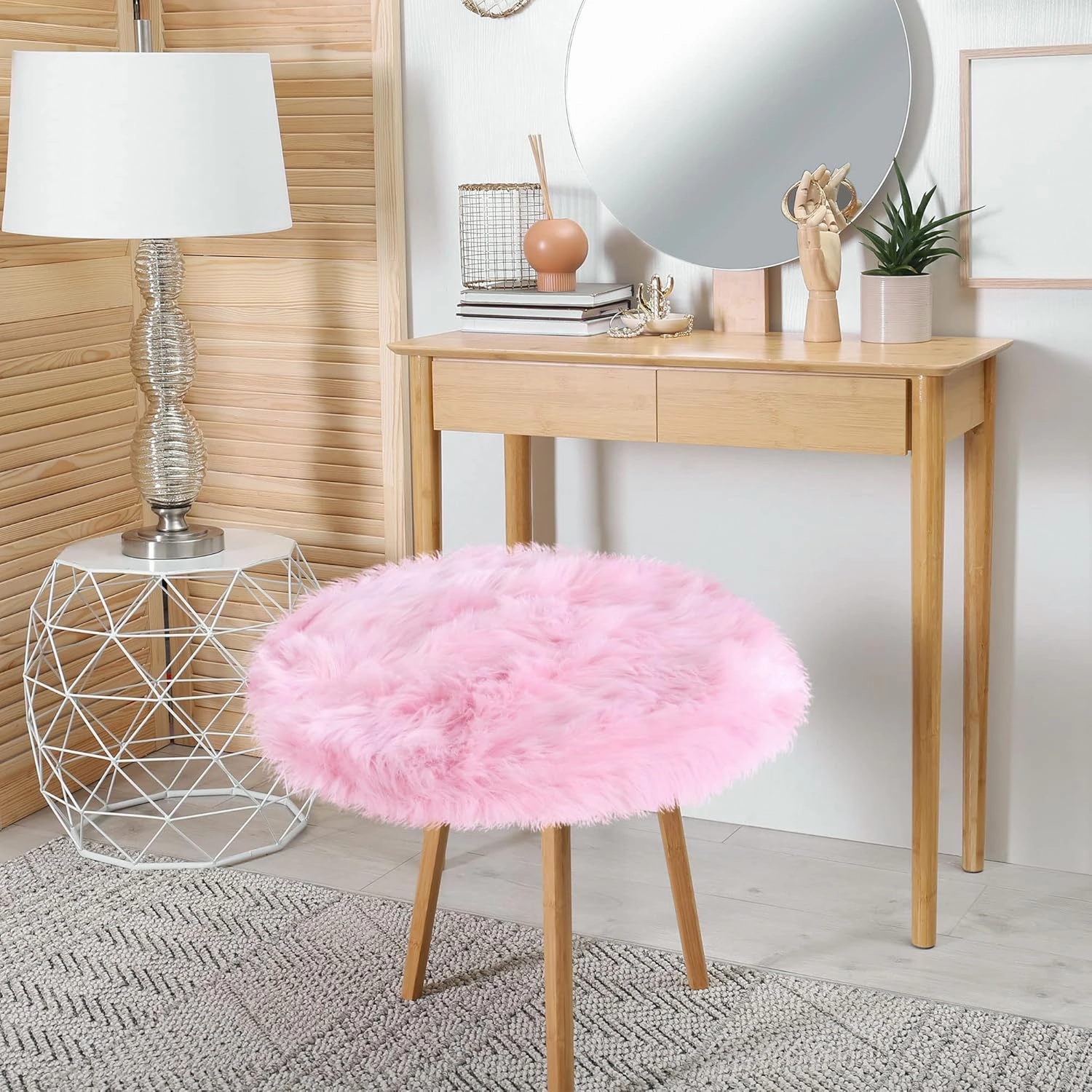 uxcell Faux Fur Round Rug,Fluffy Area Mat,Fluff Rugs for Bedroom Floor Sofa Living Room 2 x 2 Feet Light Pink