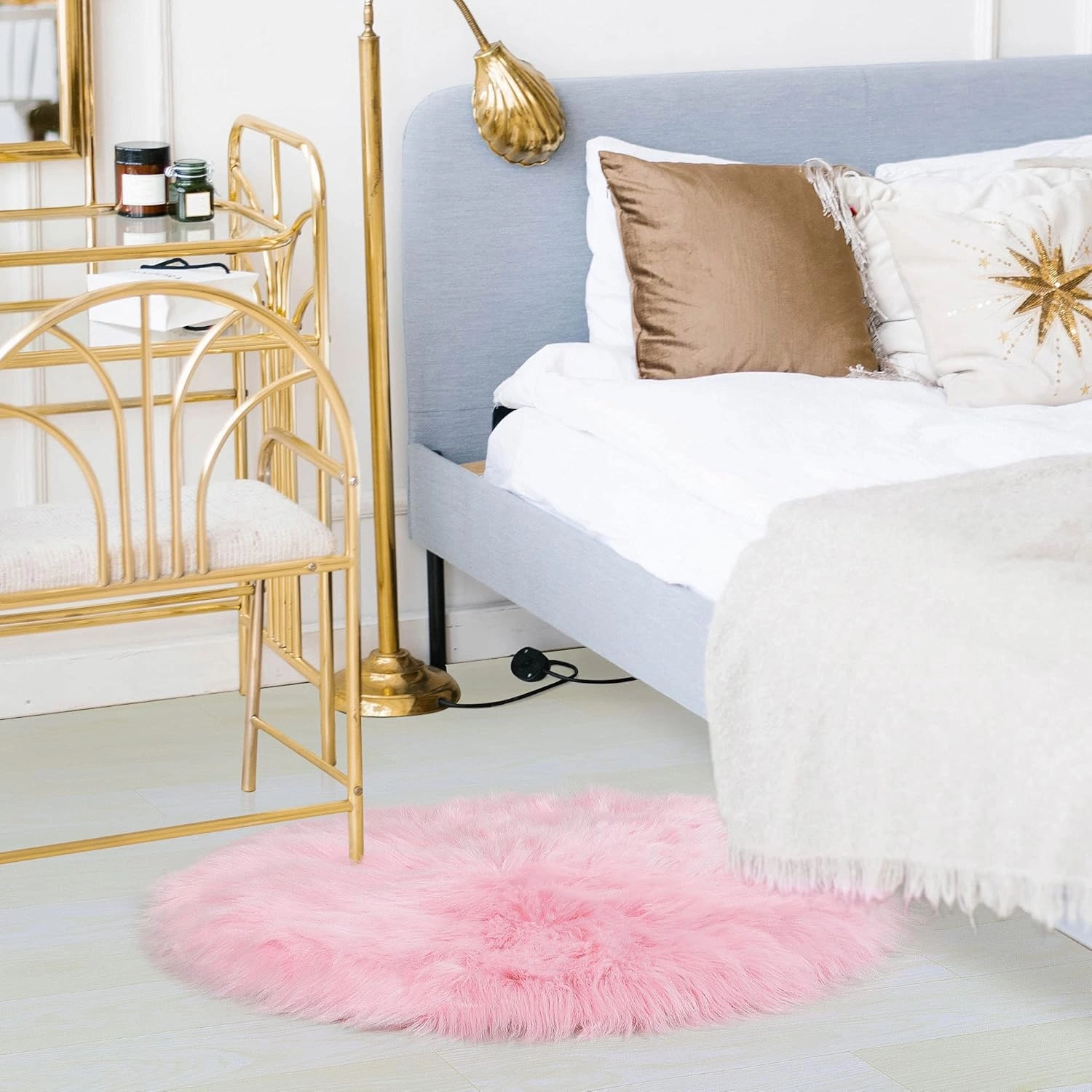uxcell Faux Fur Round Rug,Fluffy Area Mat,Fluff Rugs for Bedroom Floor Sofa Living Room 2 x 2 Feet Light Pink