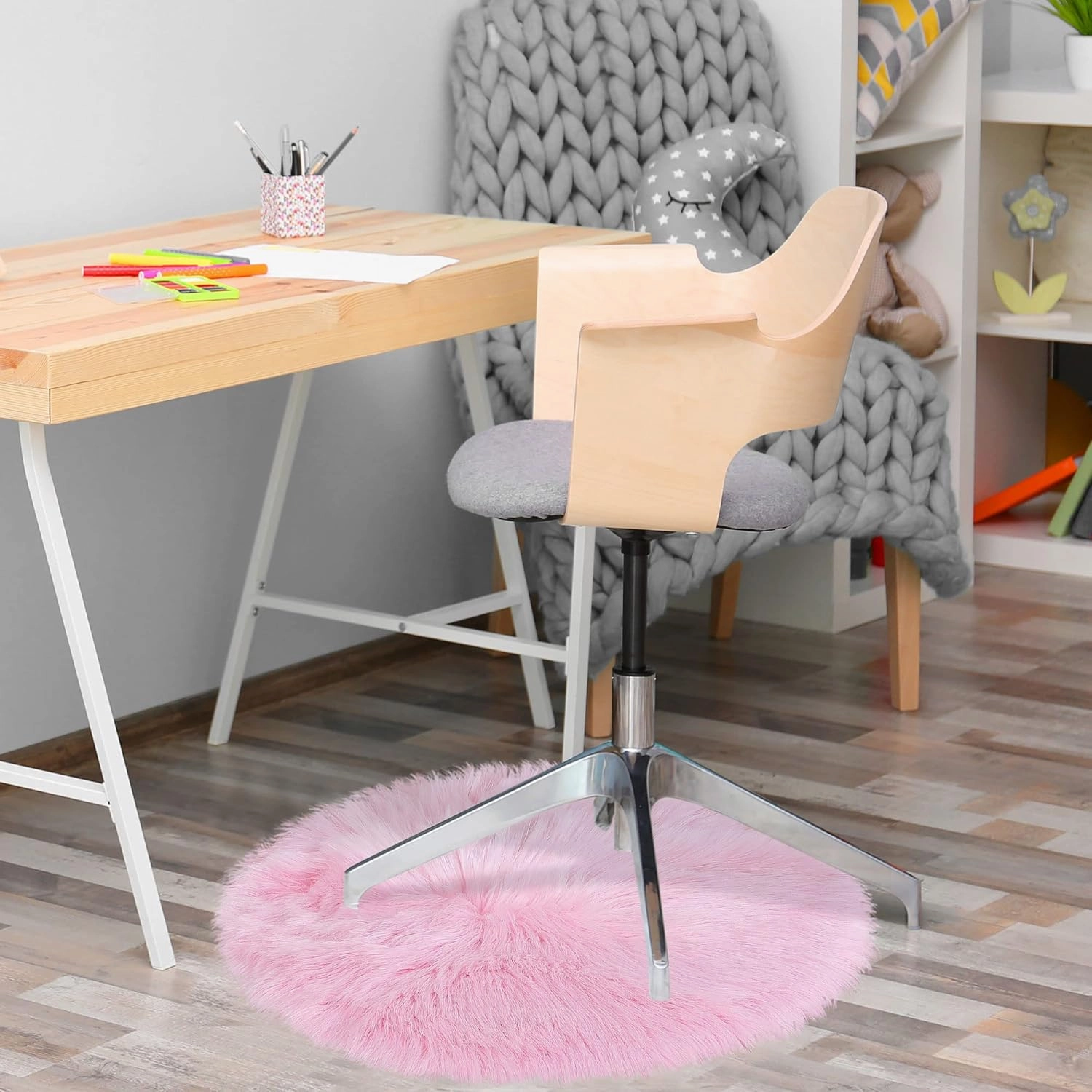 uxcell Faux Fur Round Rug,Fluffy Area Mat,Fluff Rugs for Bedroom Floor Sofa Living Room 2 x 2 Feet Light Pink