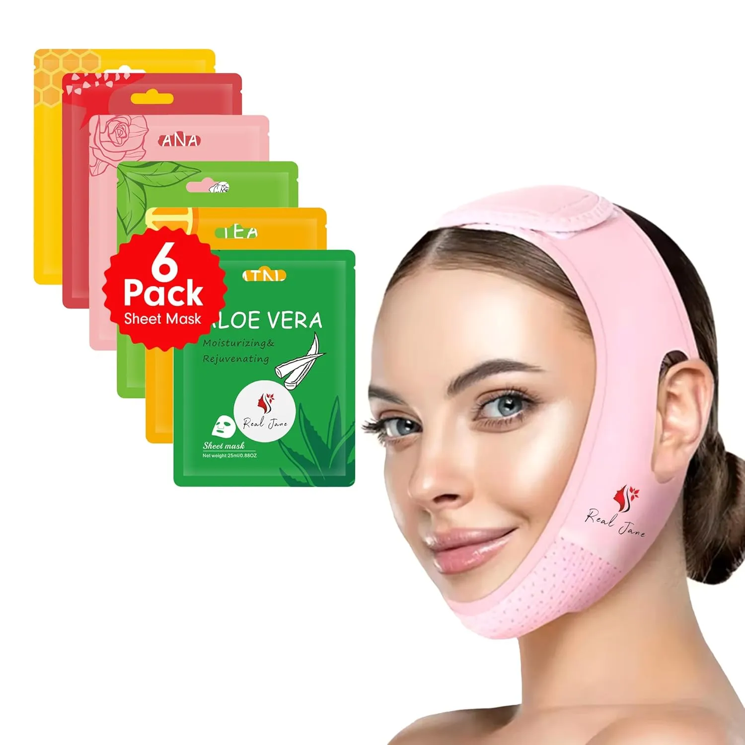 V Line Face Lifting Belt or Mask for Jawline Slimming & Double Chin Reduction combo with 6 Flavors Korea Dewy Glow Moisture Mask