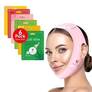 V Line Face Lifting Belt or Mask for Jawline Slimming & Double Chin Reduction combo with 6 Flavors Korea Dewy Glow Moisture Mask