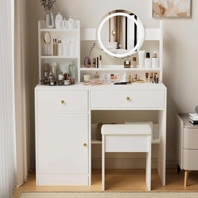 Vanity Desk with Mirror and Lights for Makeup and Cushioned Chair, Vanity Mirror with Lights and Table Set with 3 Color LED Lighting Brightness Adjustable,Dressing Table, White