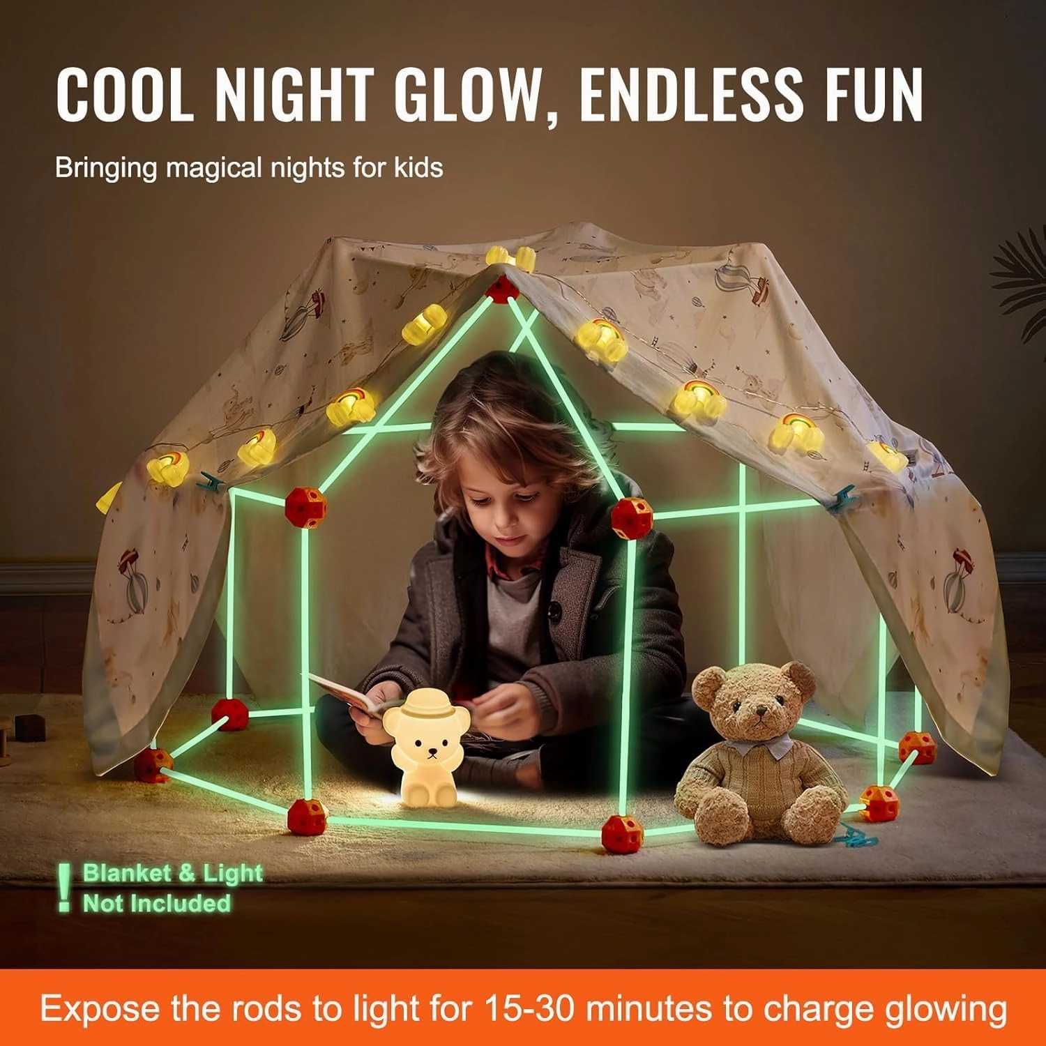 VEVOR Fort Building Kit for Kids, 140PCS Glow in The Dark STEM Building Toys, Educational Gift for 4 5 6 7 8  Year Old Boys & Girls Indoor Outdoor Kids Fort Building Kit with 96 Rods and 44 Balls