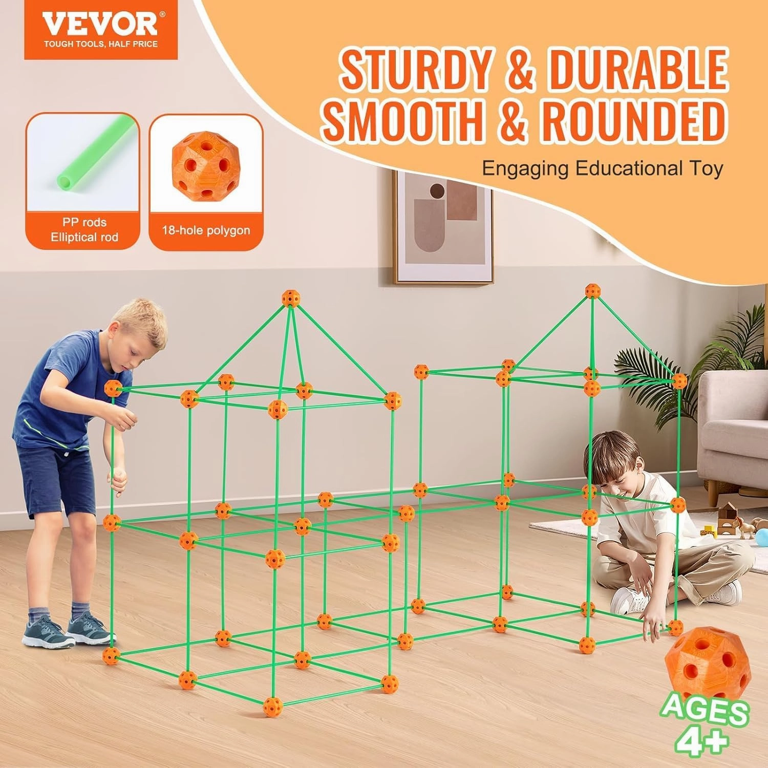 VEVOR Fort Building Kit for Kids, 140PCS Glow in The Dark STEM Building Toys, Educational Gift for 4 5 6 7 8  Year Old Boys & Girls Indoor Outdoor Kids Fort Building Kit with 96 Rods and 44 Balls