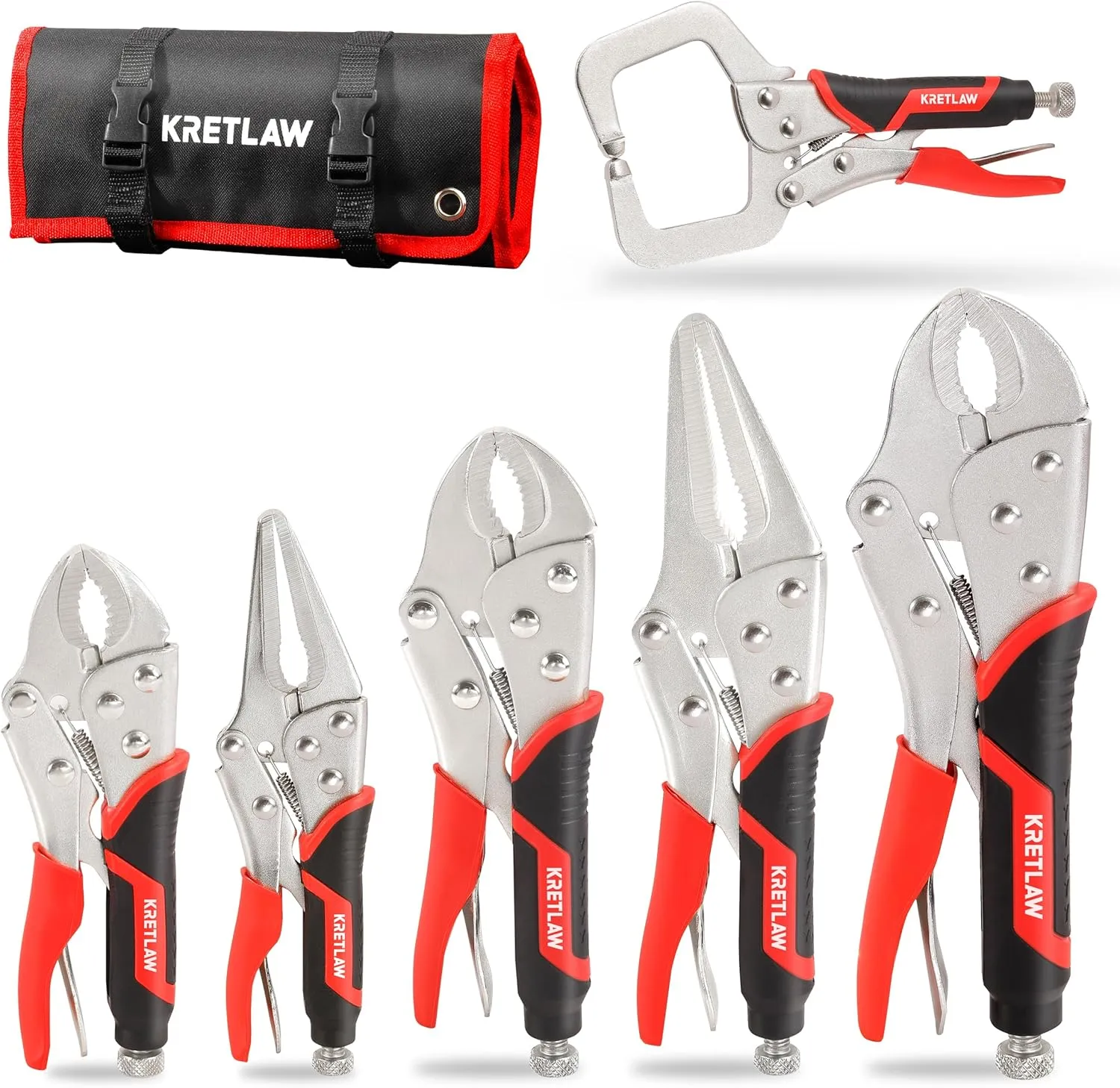 Vice Grips Pliers Set - 6-Piece Set Including 6-1/2" & 9-1/2" Long Nose, 5", 7" & 10" Curved Jaw, 6" C-Clamp Locking Pliers With Rolling Pouch
