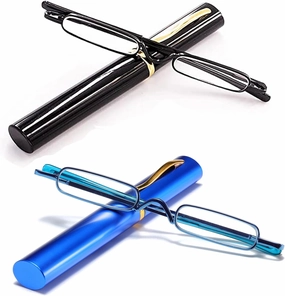 Viseng 2 pairs Slim Mini Metal Reading Glasses Compact Lightweight Portable Readers with Glasses Case for Reading Case  2.0 (Black/Blue)