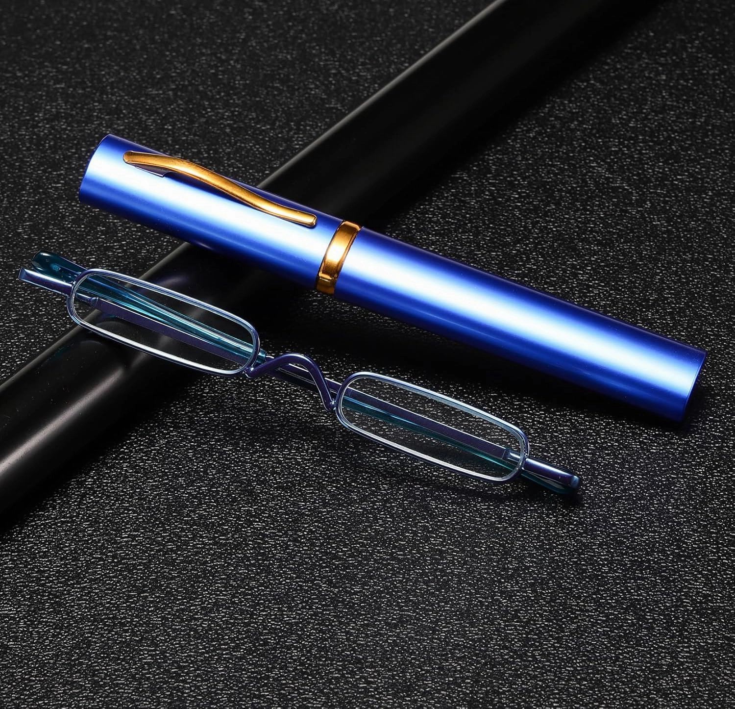 Viseng 2 pairs Slim Mini Metal Reading Glasses Compact Lightweight Portable Readers with Glasses Case for Reading Case  2.0 (Black/Blue)