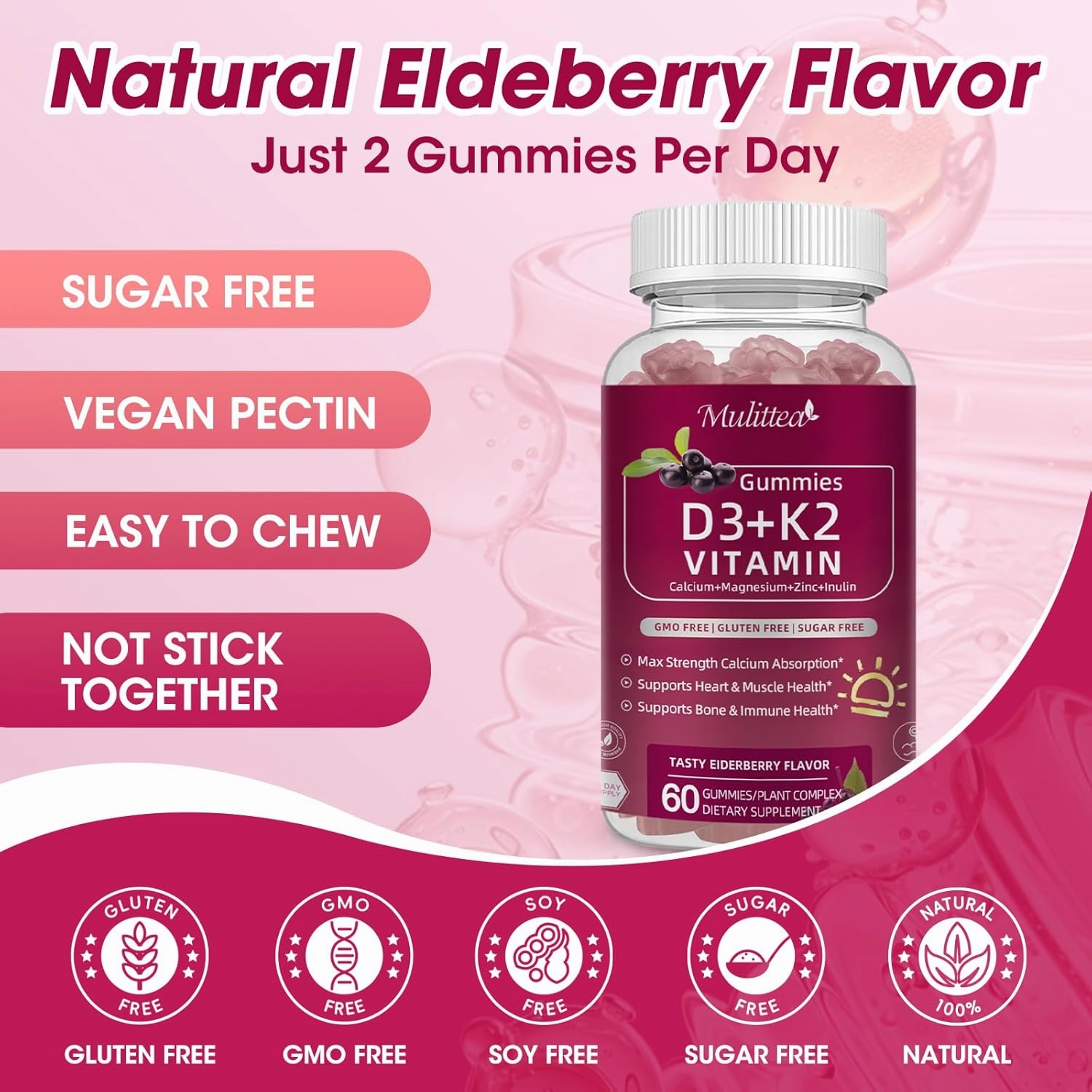 Vitamin D3 10000 IU   K2 (MK7) 200mcg w/Calcium Magnesium Zinc Elderberry & Inulin-Highly Bioavailable-Enhanced Absorption for Immune & Bone Support- K2 D3 Vitamin Supplement-Vegan Gummies