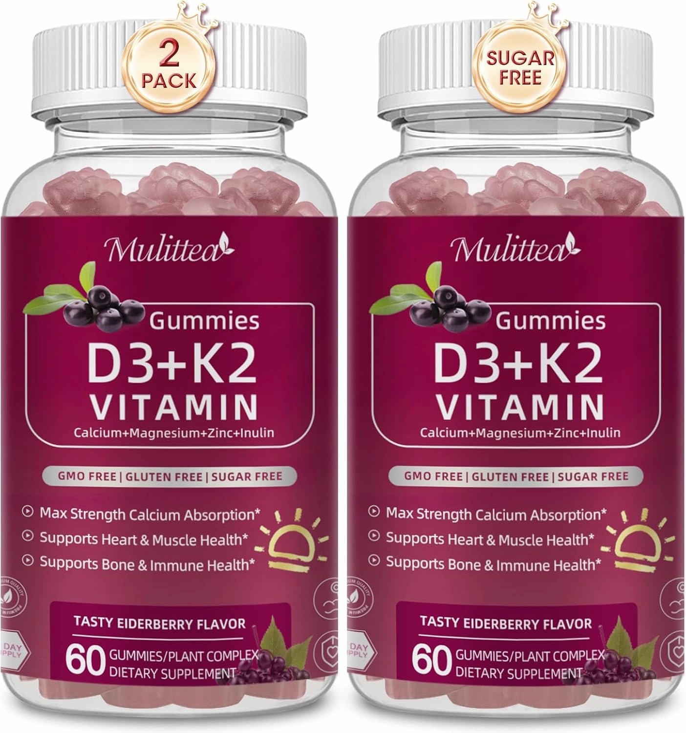 Vitamin D3 10000 IU   K2 (MK7) 200mcg w/Calcium Magnesium Zinc Elderberry & Inulin-Highly Bioavailable-Enhanced Absorption for Immune & Bone Support- K2 D3 Vitamin Supplement-Vegan Gummies