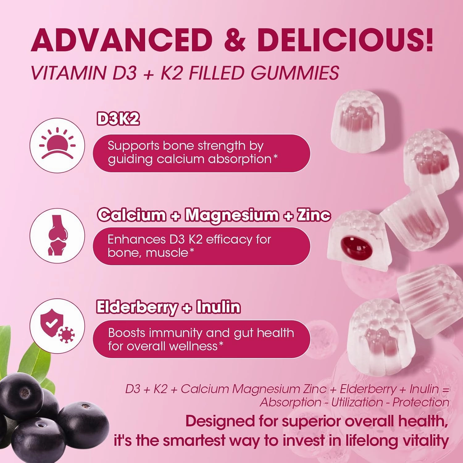 Vitamin D3 10000 IU   K2 (MK7) 200mcg w/Calcium Magnesium Zinc Elderberry & Inulin-Highly Bioavailable-Enhanced Absorption for Immune & Bone Support- K2 D3 Vitamin Supplement-Vegan Gummies