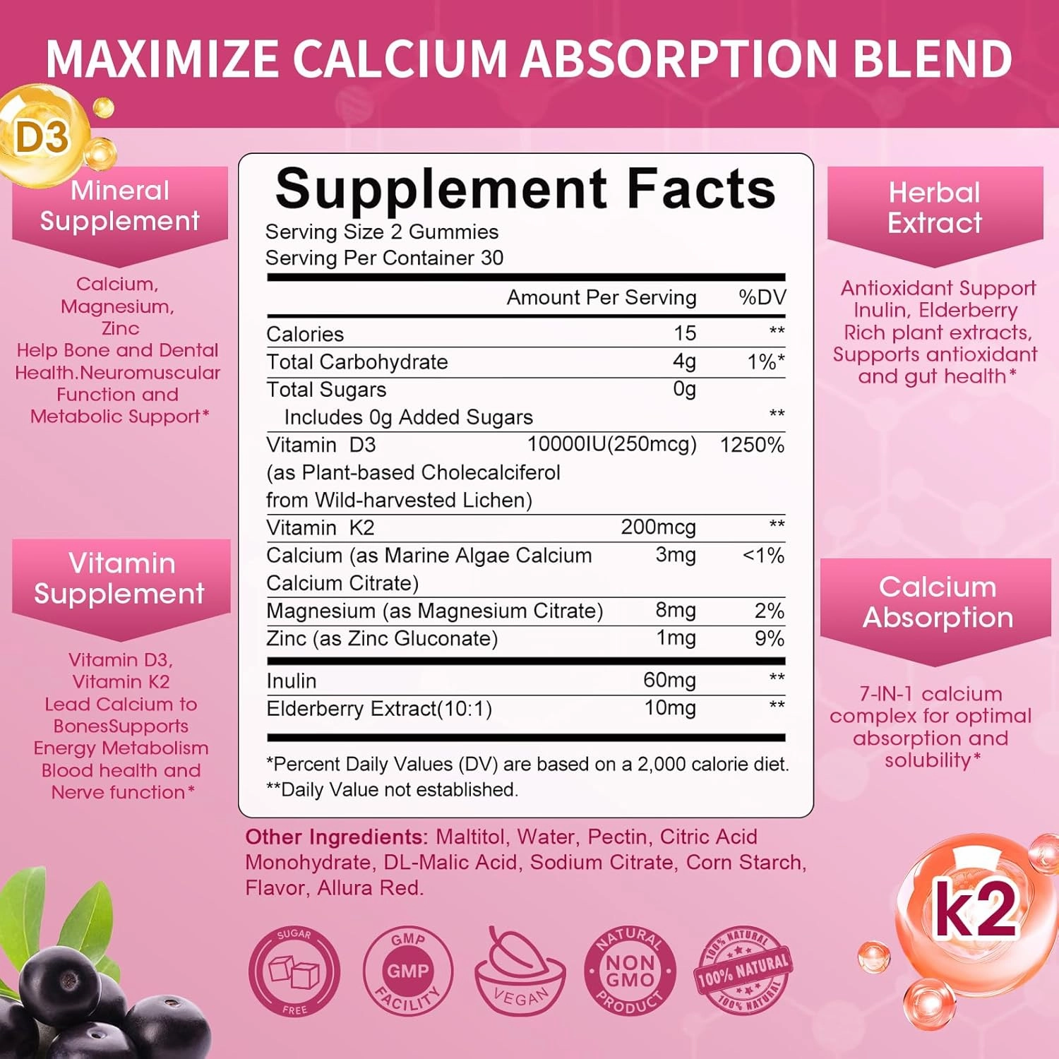 Vitamin D3 10000 IU   K2 (MK7) 200mcg w/Calcium Magnesium Zinc Elderberry & Inulin-Highly Bioavailable-Enhanced Absorption for Immune & Bone Support- K2 D3 Vitamin Supplement-Vegan Gummies