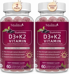 Vitamin D3 10000 IU   K2 (MK7) 200mcg w/Calcium Magnesium Zinc Elderberry & Inulin-Highly Bioavailable-Enhanced Absorption for Immune & Bone Support- K2 D3 Vitamin Supplement-Vegan Gummies