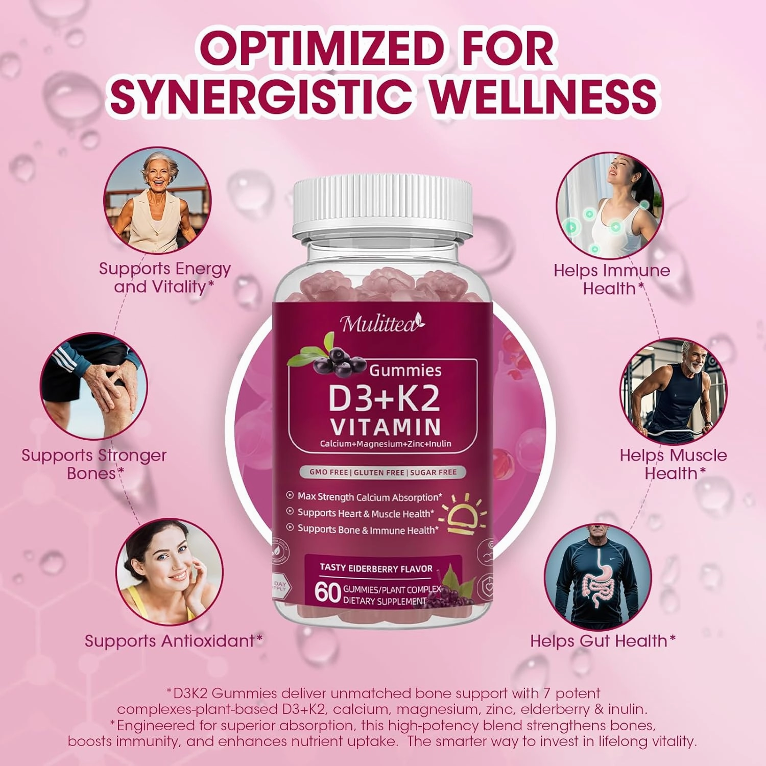 Vitamin D3 10000 IU   K2 (MK7) 200mcg w/Calcium Magnesium Zinc Elderberry & Inulin-Highly Bioavailable-Enhanced Absorption for Immune & Bone Support- K2 D3 Vitamin Supplement-Vegan Gummies
