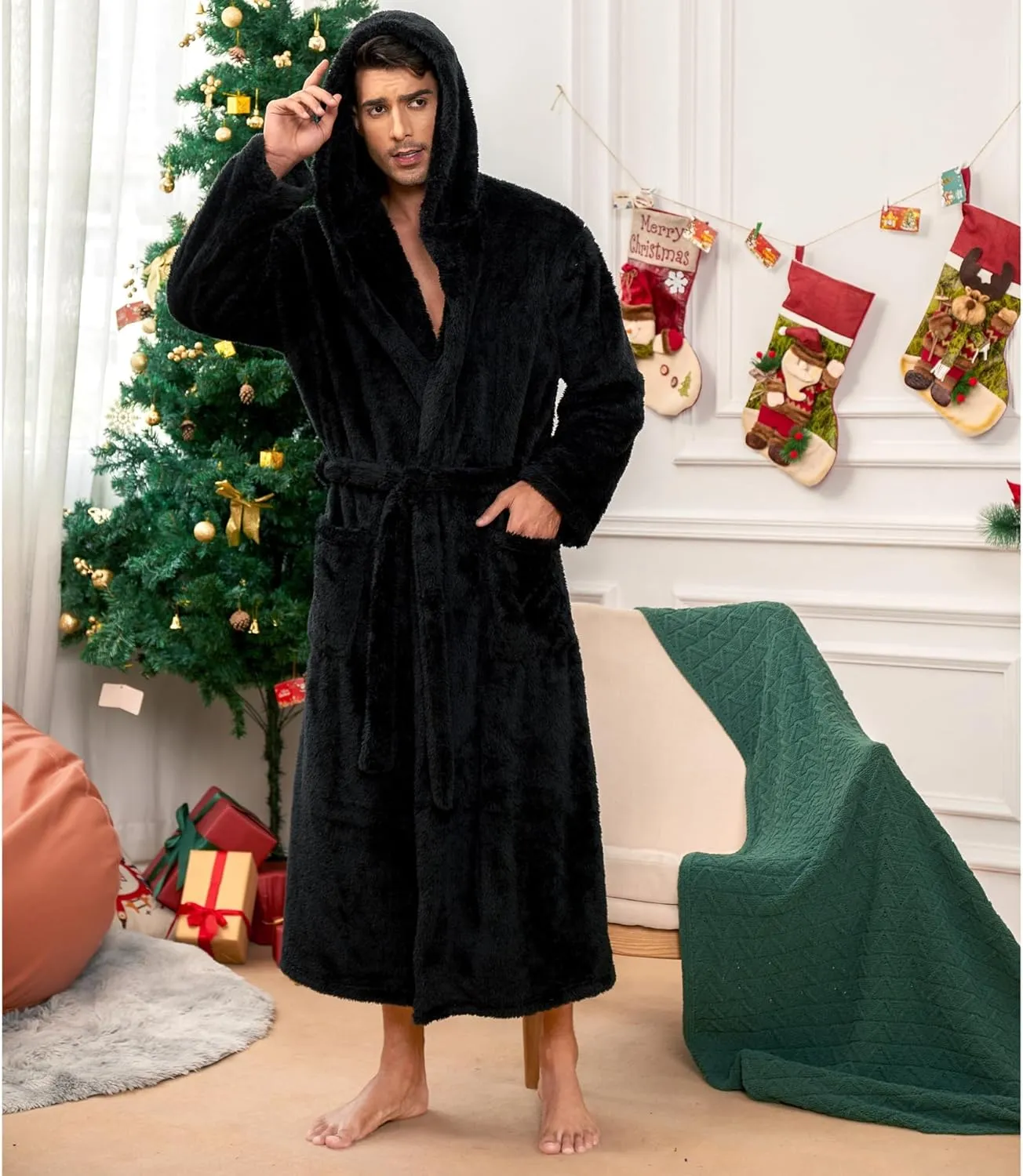 Vulcanodon Mens Robe Big and Tall with Hood, Full Length Plush Robe for Men Long Fleece Bathrobe