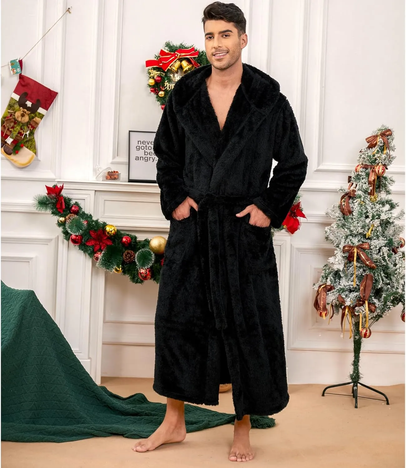 Vulcanodon Mens Robe Big and Tall with Hood, Full Length Plush Robe for Men Long Fleece Bathrobe
