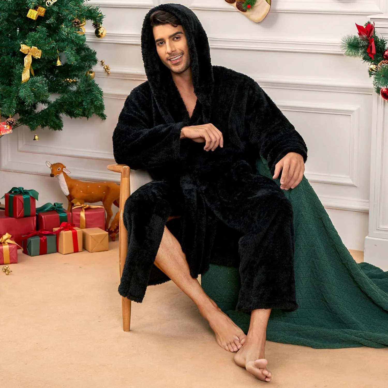 Vulcanodon Mens Robe Big and Tall with Hood, Full Length Plush Robe for Men Long Fleece Bathrobe