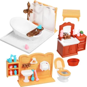 Wakauto 1 Set Mini Bathroom Furniture Dollhouse Shower Accessories Compact Realistic Decor Includes Bathtub Sink Cabinet Present for Imaginative Play
