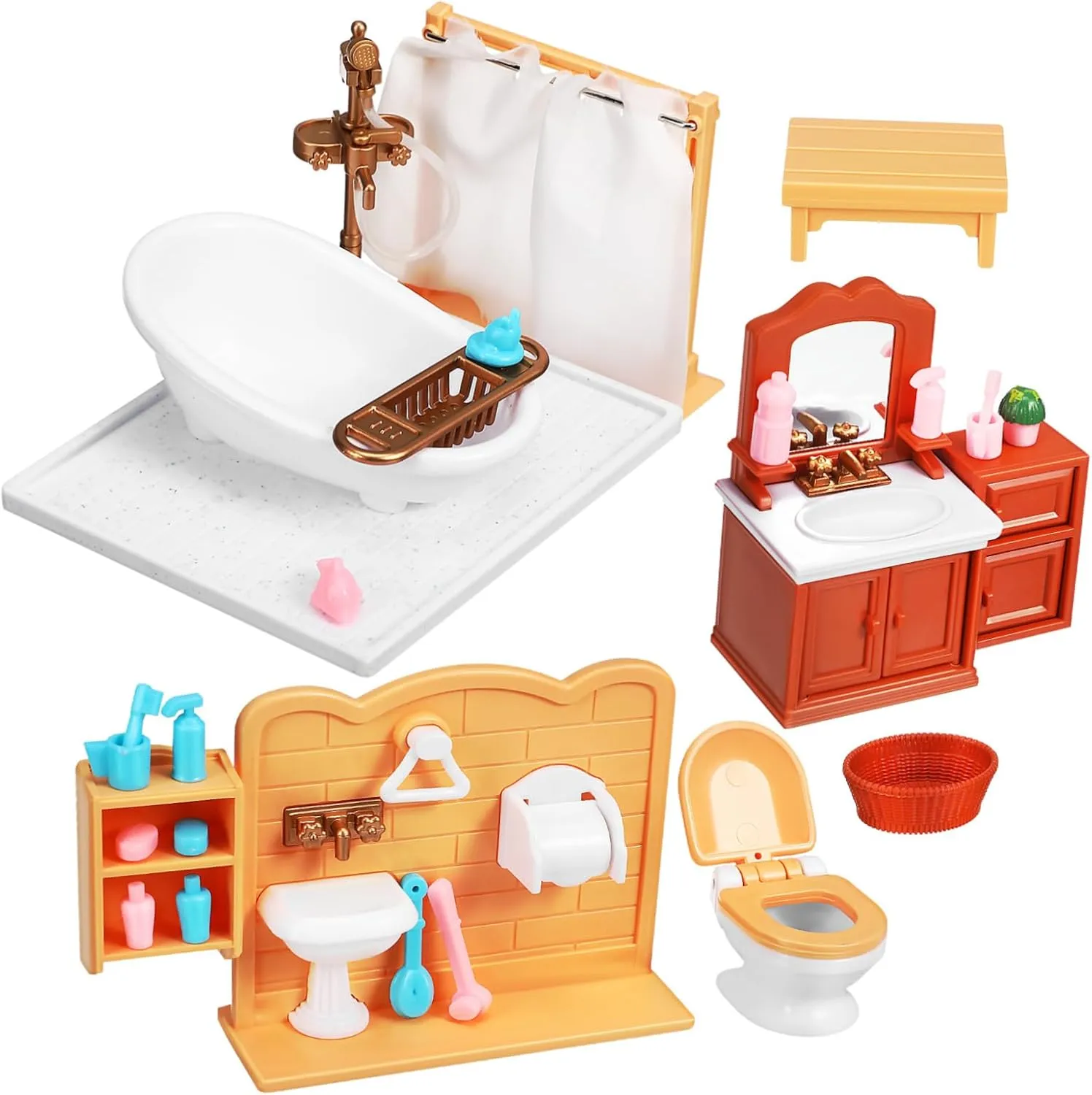 Wakauto 1 Set Mini Bathroom Furniture Dollhouse Shower Accessories Compact Realistic Decor Includes Bathtub Sink Cabinet Present for Imaginative Play