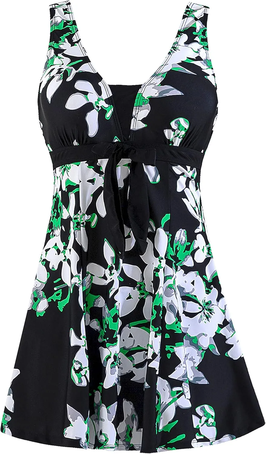 wantdo Women's Plus Size One Piece Swimsuit Tummy Control Modest Bathing Suit Flower Print Swimdress with Skirt