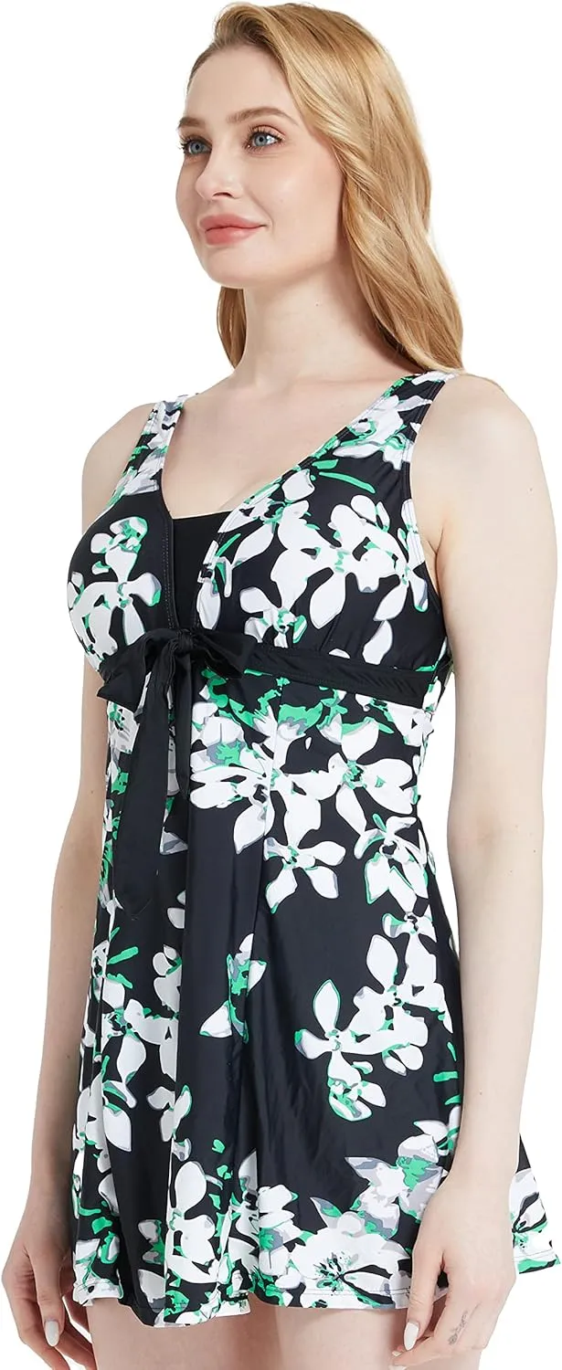 wantdo Women's Plus Size One Piece Swimsuit Tummy Control Modest Bathing Suit Flower Print Swimdress with Skirt