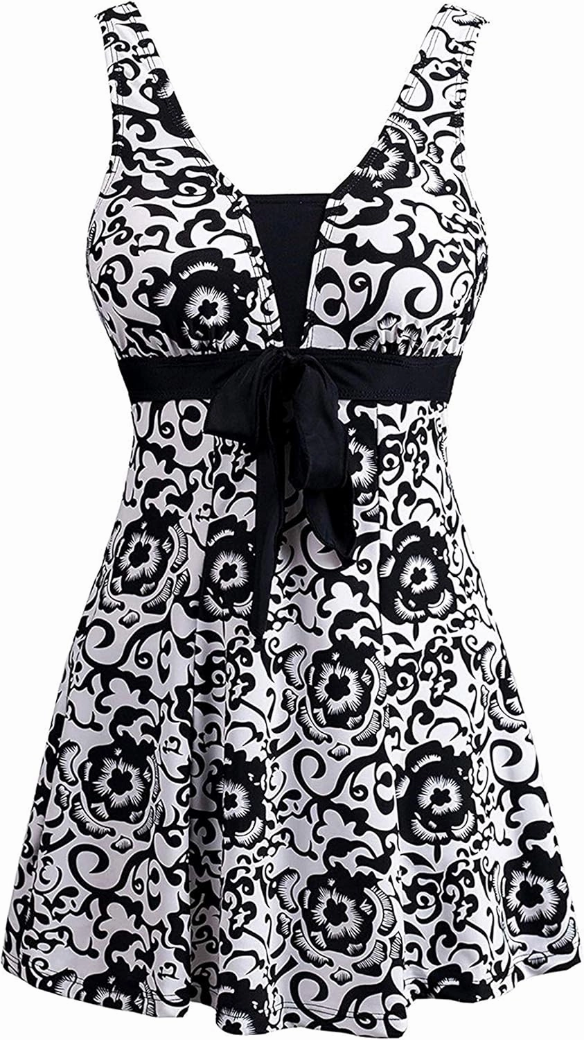 wantdo Women's Plus Size One Piece Swimsuit Tummy Control Modest Bathing Suit Flower Print Swimdress with Skirt