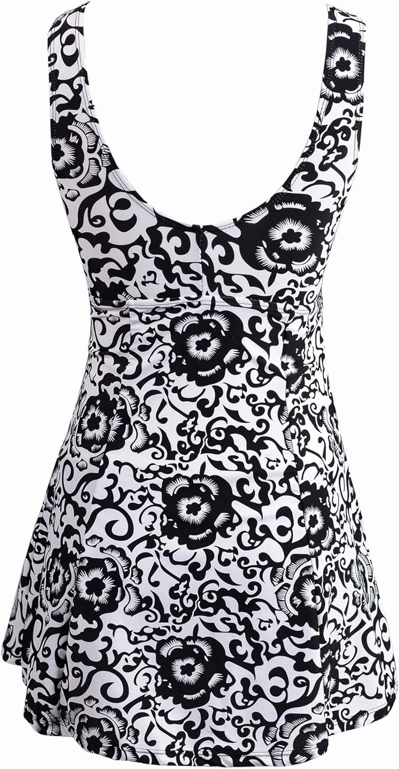 wantdo Women's Plus Size One Piece Swimsuit Tummy Control Modest Bathing Suit Flower Print Swimdress with Skirt