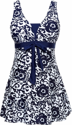 wantdo Women's Plus Size One Piece Swimsuit Tummy Control Modest Bathing Suit Flower Print Swimdress with Skirt