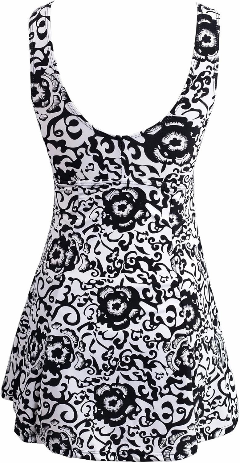 wantdo Women's Plus Size One Piece Swimsuit Tummy Control Modest Bathing Suit Flower Print Swimdress with Skirt