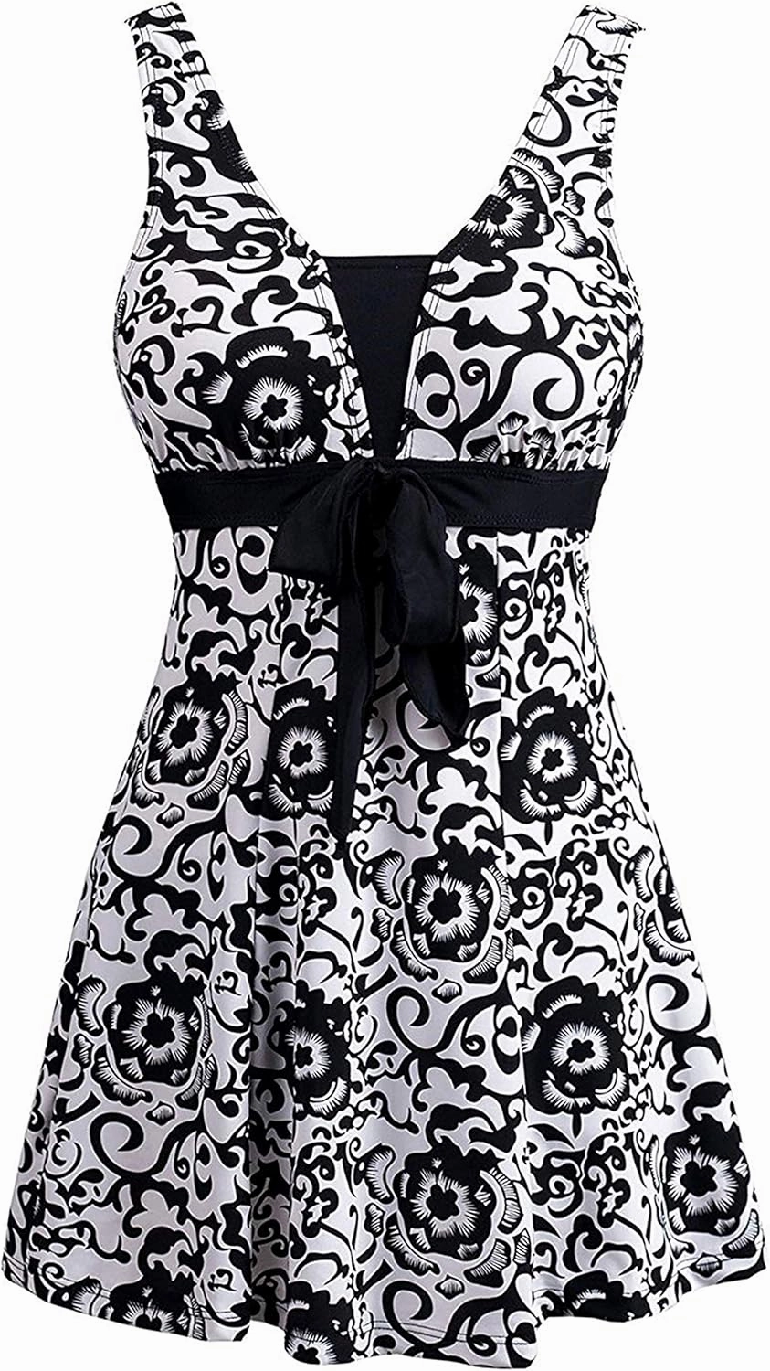 wantdo Women's Plus Size One Piece Swimsuit Tummy Control Modest Bathing Suit Flower Print Swimdress with Skirt