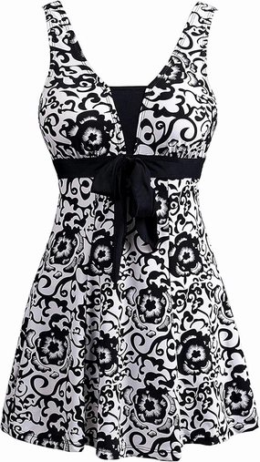 wantdo Women's Plus Size One Piece Swimsuit Tummy Control Modest Bathing Suit Flower Print Swimdress with Skirt