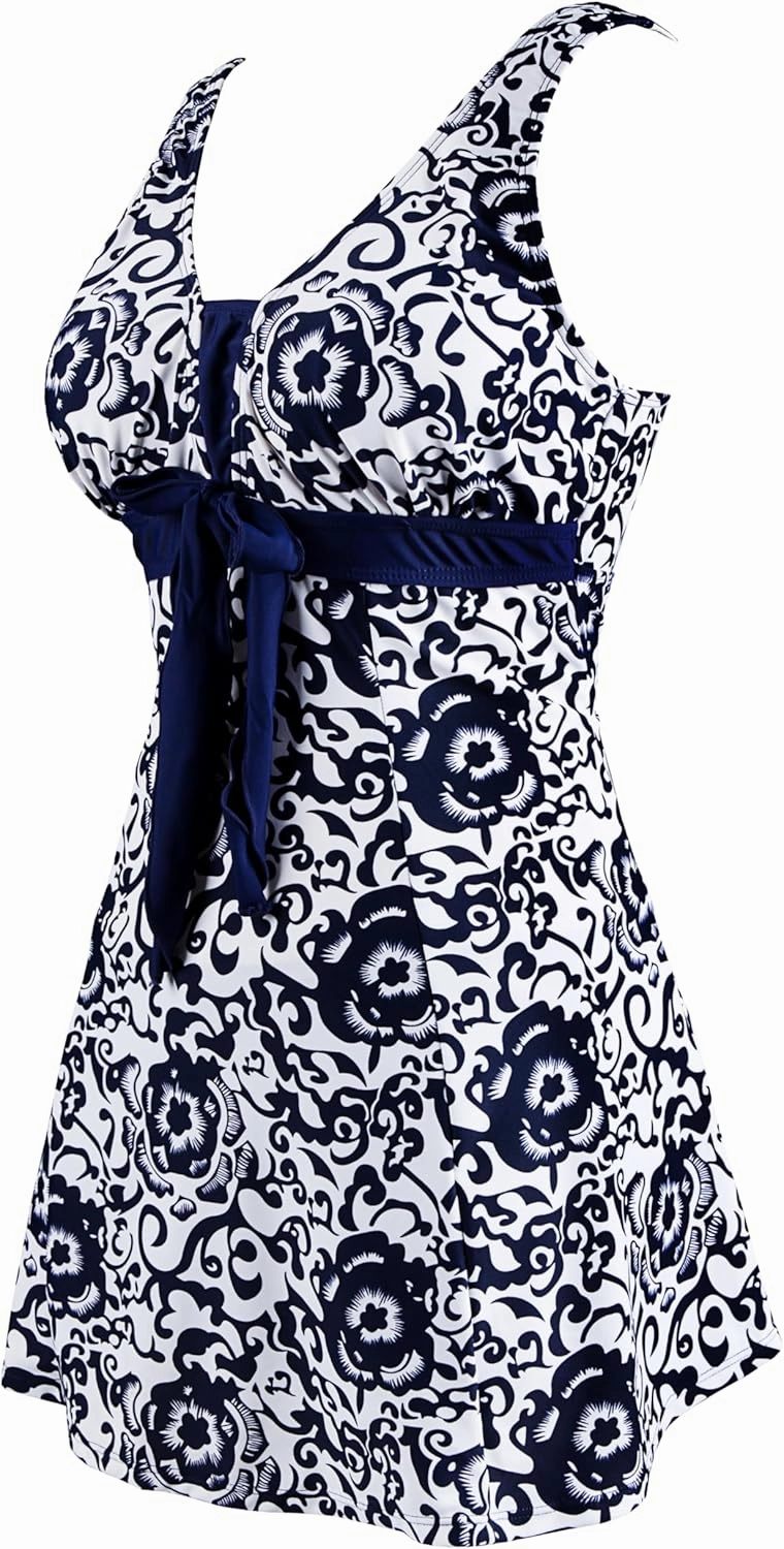 wantdo Women's Plus Size One Piece Swimsuit Tummy Control Modest Bathing Suit Flower Print Swimdress with Skirt