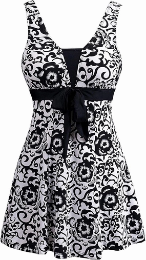 wantdo Women's Plus Size One Piece Swimsuit Tummy Control Modest Bathing Suit Flower Print Swimdress with Skirt