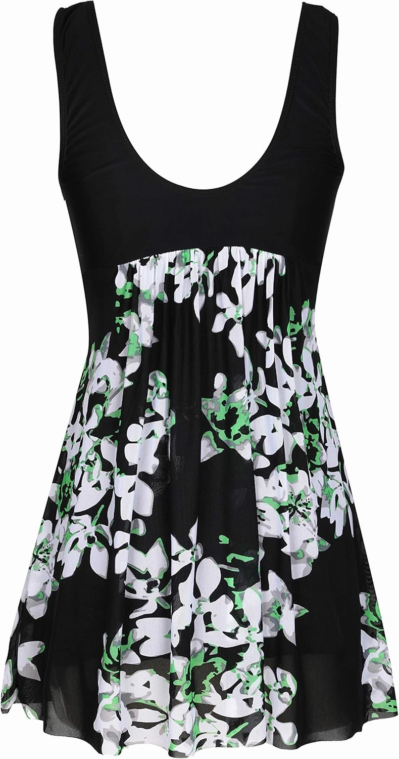 wantdo Women's Plus Size Swimdress Flower Printed Swimwear Cover Up Swimsuits with Skirt