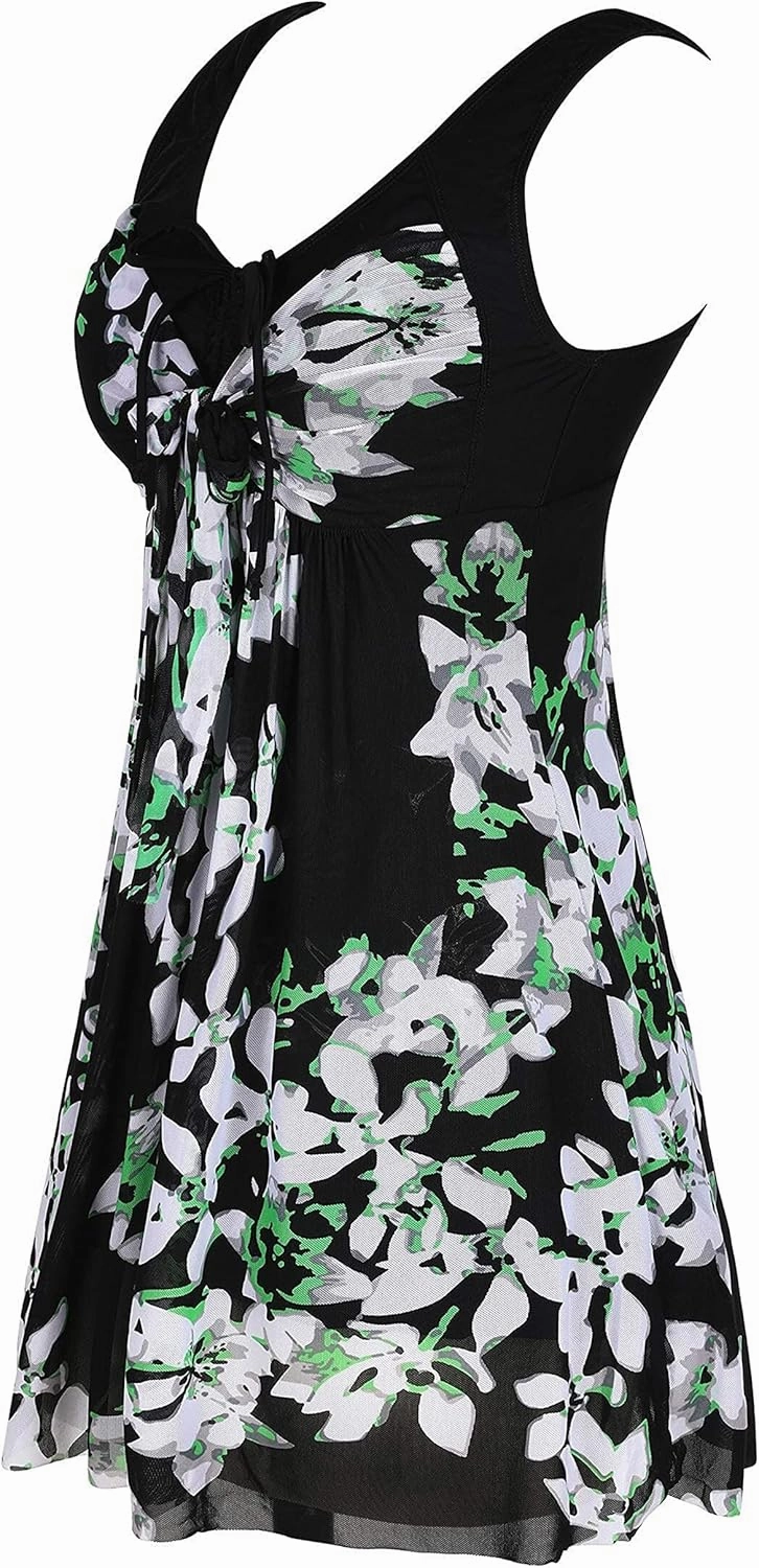 wantdo Women's Plus Size Swimdress Flower Printed Swimwear Cover Up Swimsuits with Skirt