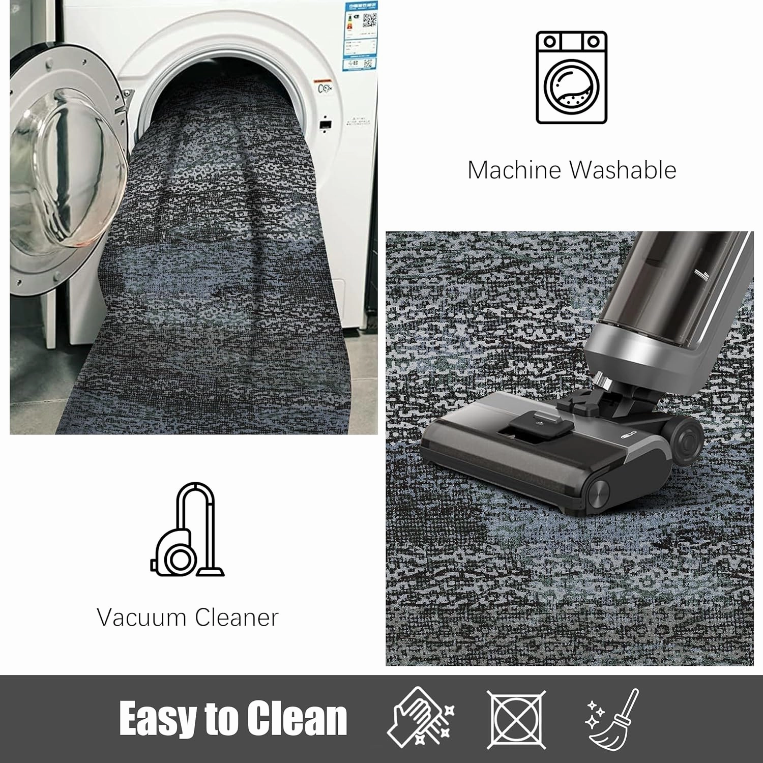 Washable Area Rug - 1/6 Thick - Stain & Water Resistant Non-Slip - Resistant Rug for Living Room, Bedroom, Nursery, Pet & Child Friendly, Vintage Charm Area Rugs (Darkgrey Bule, 9' x 12')